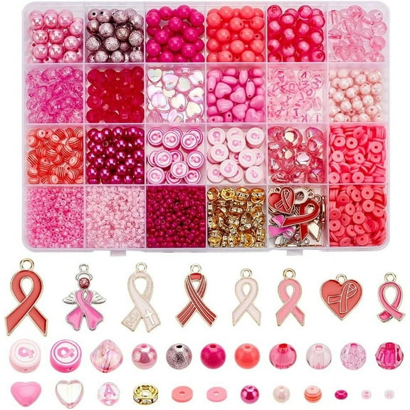 1761PCS Breast Cancer Awareness Charms Beads Pink Ribbon Pendants Charms Pink Loose Beads Acrylic Crystal Pink Beads Clay Beads for Women Necklace Earrings Bracelet Jewelry Making