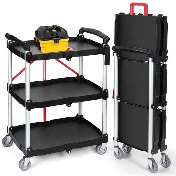 176LBS Folding Utility Cart with Wheels, Foldable Utility Service Cart, 3 Tier Collapsible Rolling Cart with 360°Swivel Wheels, Portable Cart for Home Garage Restaurant Office