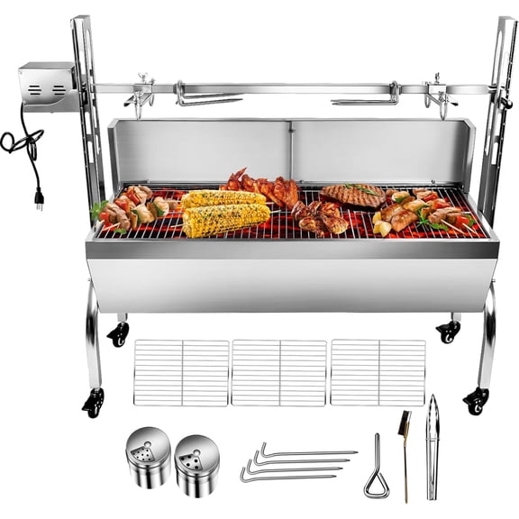 176LBS Stainless Steel Rotisserie Grill Roaster Small Pig Lamb with Back Cover Guard 25W Motor for Camping Outdoor BBQ Silver