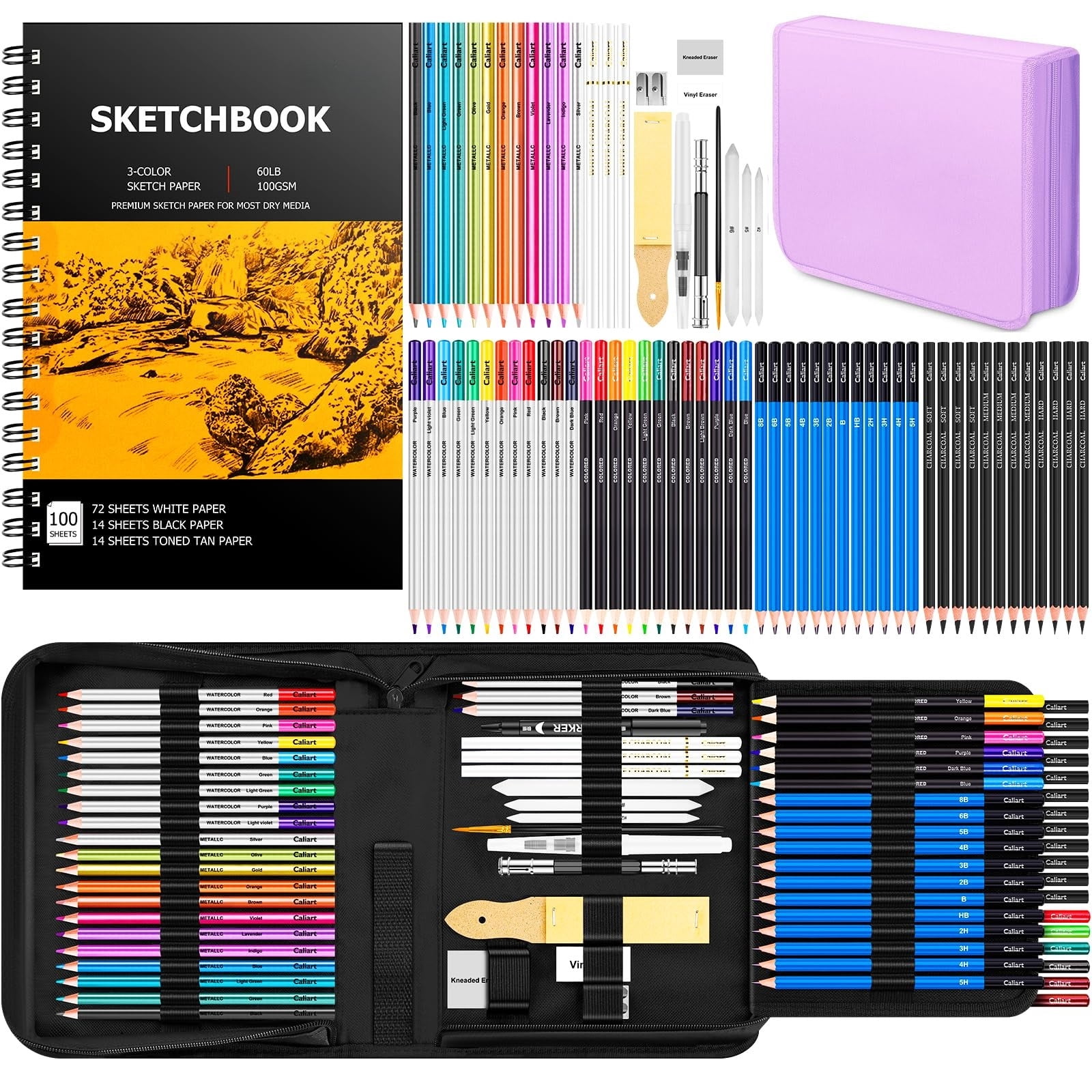 176PCS Art Supplies Sketching Kit with 100 Sheets 3-Color Sketch Book, Graphite Colored Charcoal Watercolor & Metallic Pencils, Drawing Set Gifts for Adults Teens Girls Boys Kids