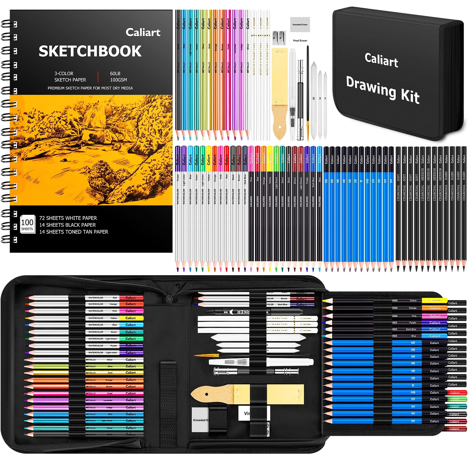 176PCS Art Supplies Sketching Kit with 100 Sheets 3-Color Sketch Book, Graphite Colored Charcoal Watercolor & Metallic Pencils, Drawing Set Gifts for Adults Teens Girls Boys Kids