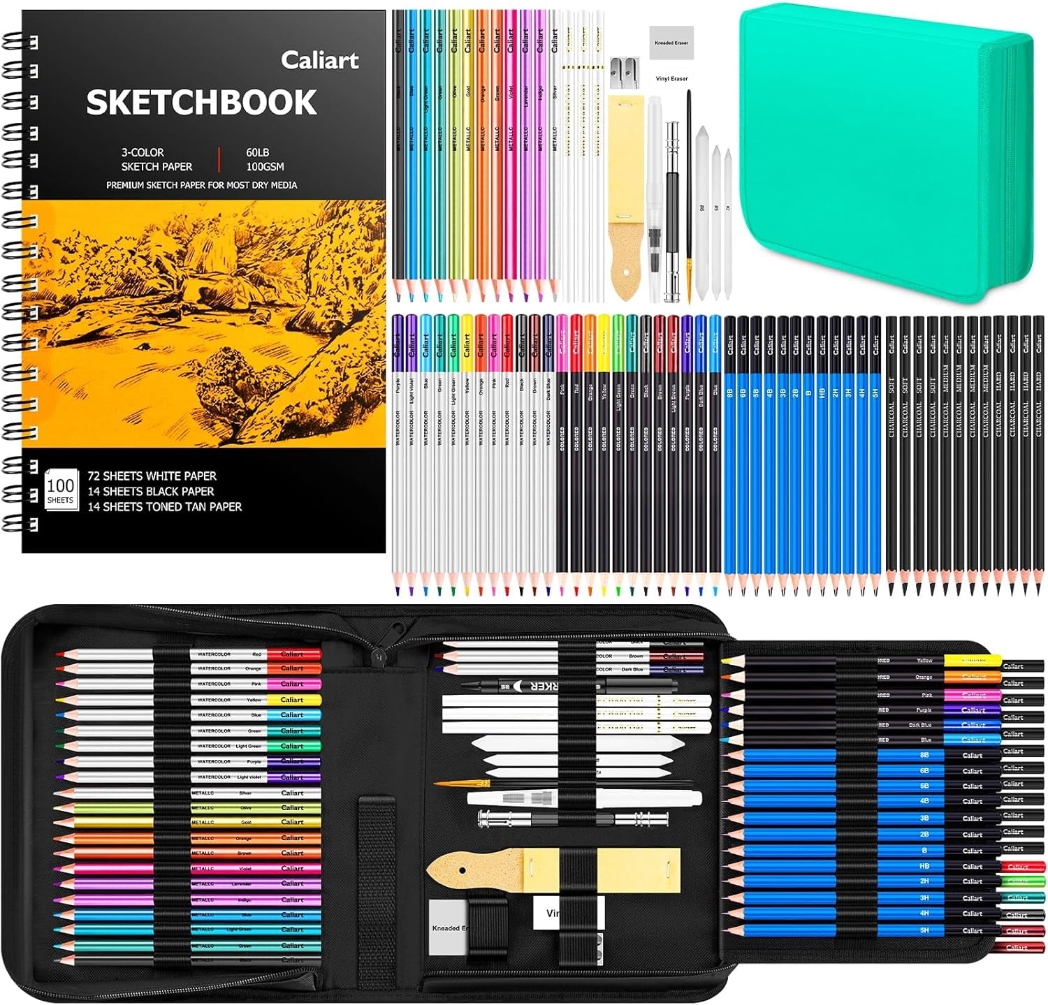 176PCS Art Supplies Sketching Kit with 100 Sheets 3-Color Sketch Book, Graphite Colored Charcoal Watercolor & Metallic Pencils, Drawing Set Gifts for Adults Teens Girls Boys Kids