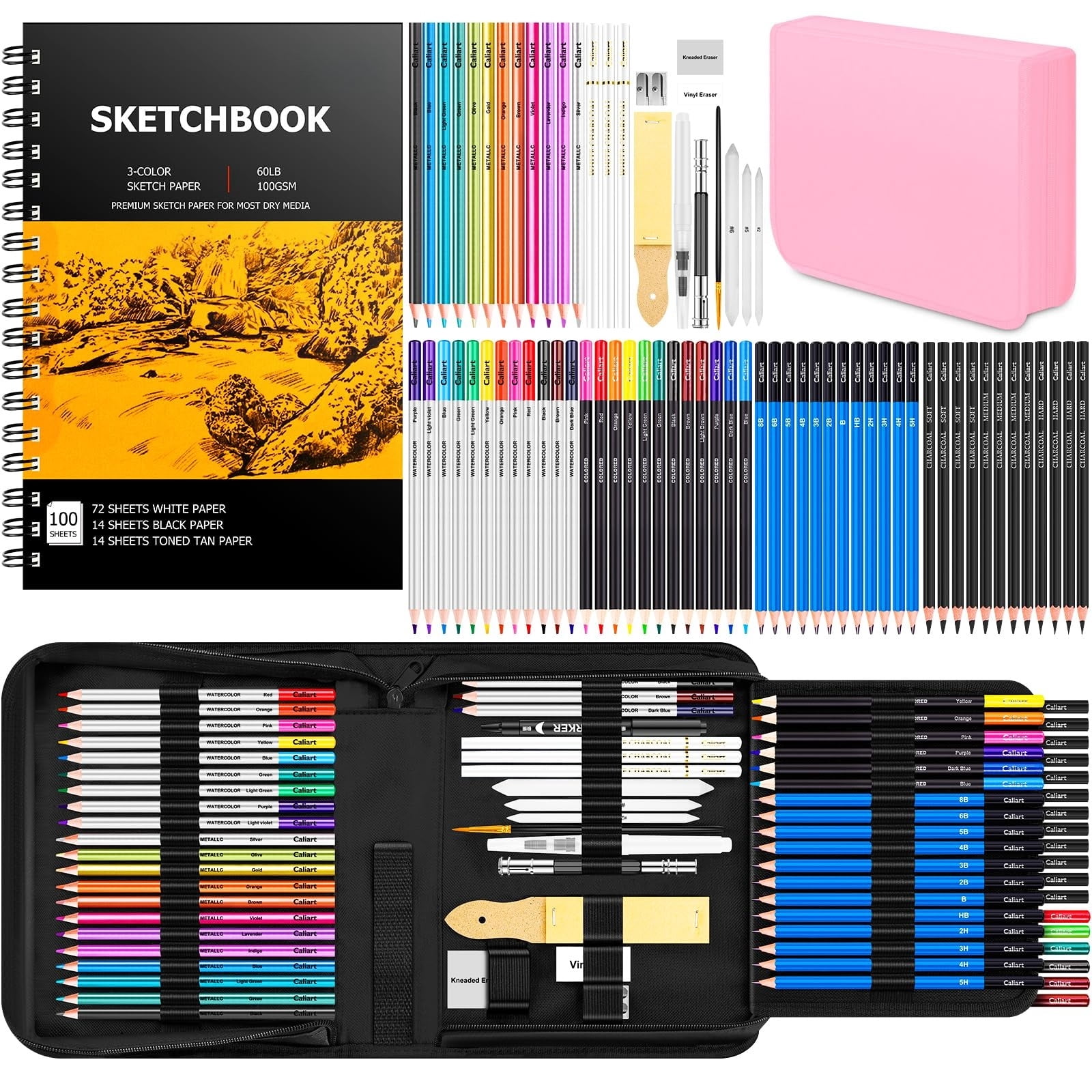 176PCS Art Supplies Sketching Kit with 100 Sheets 3-Color Sketch Book, Graphite Colored Charcoal Watercolor & Metallic Pencils, Drawing Set Gifts for Adults Teens Girls Boys Kids