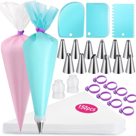 176PCS Piping Bags and Tips Set, Includes 150pcs 12 Inch Anti Burst Piping Bags, 1 Reusable Pastry Bags, 12 Piping Tips, 8 Icing Bags Ties, 3 Cake Scrapers and 2 Couplers