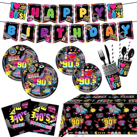 176Pcs 90s Party Decorations Back To The 90's Birthday Party Supplies, 1990s Retro Hip-Hop Party Tableware, Include Plates, Napkins, Cups, Straws, Cutlery, Tablecloth, Banner, Serves 20 Guests