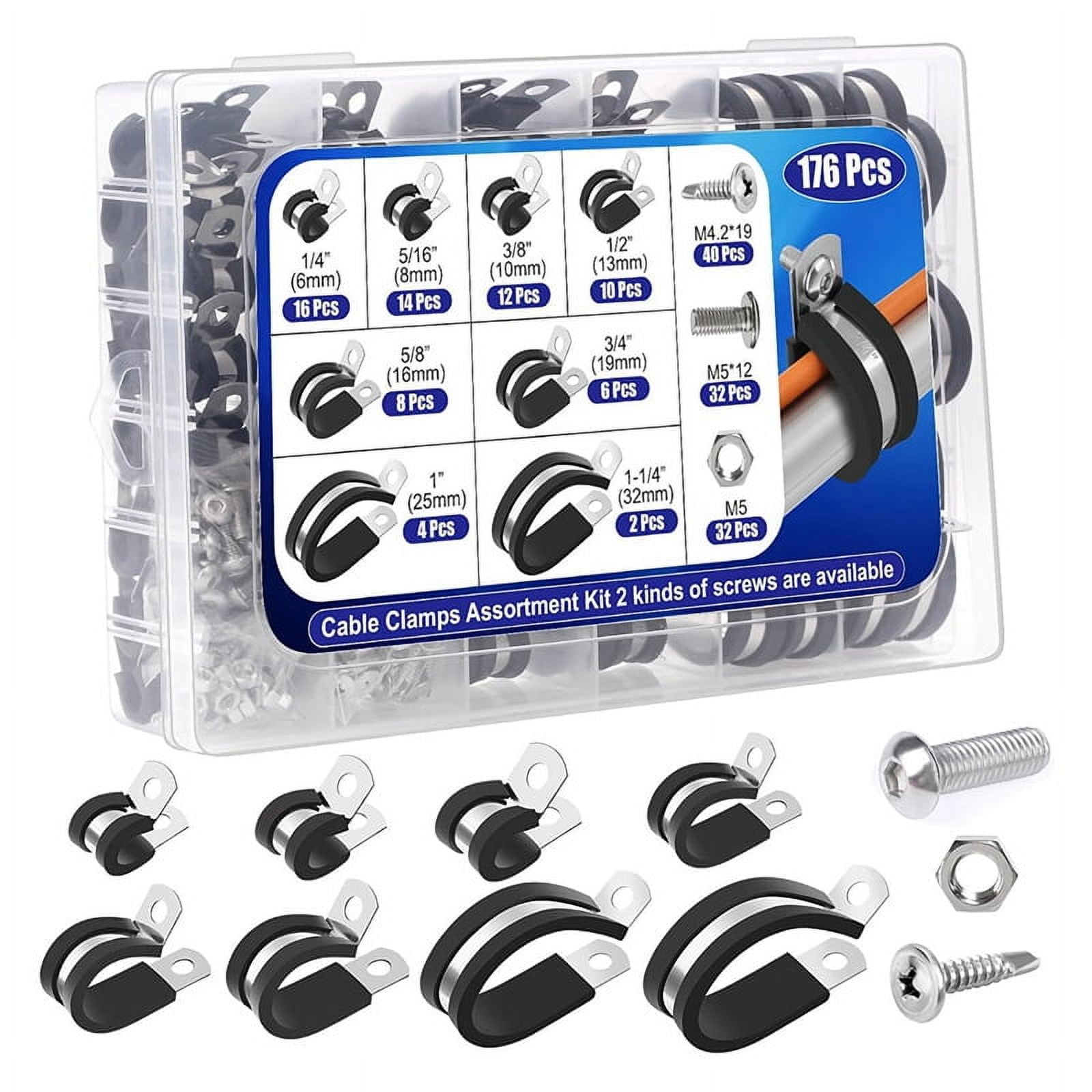176Pcs Cable Clamps Set, 8 Sizes Rubber Insulated Clamps with 72Pcs ...