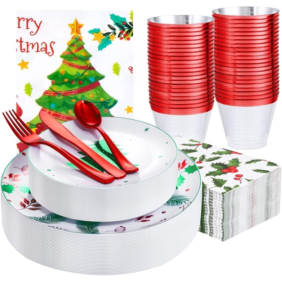 176Pcs Christmas Plastic Plates Heavy Duty- Christmas disposable Dinnerware Set-include 50Plates 25Plastic Silverware 25Cups 25Holly Berry Napkins