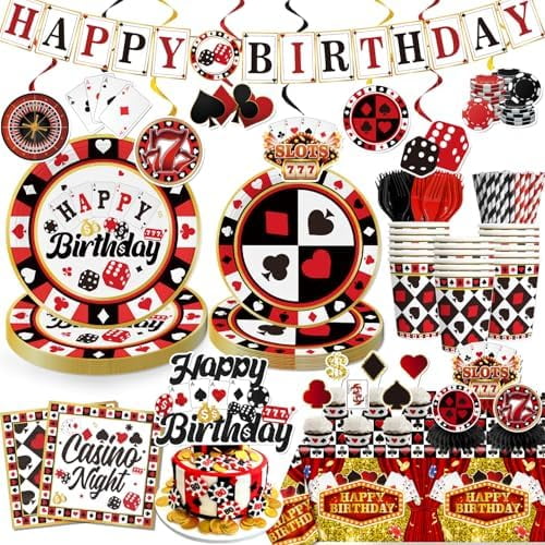 176pcs Casino Theme Party Decorations Include Casino Plates and Napkins Set, Banner, Hanging, Tablecloth, Cake Topper, Table Decor, for Casino Poker Games Night Birthday Party Decorations, Serve 25