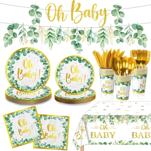 177 PCS Sage Greenery Gender Neutral Baby Shower Party Supplies - OH Baby Banner, Plates, Napkins, Cups, Cutlery, Tablecloth for Girl or Boy - Sage Green Decorations$$Home Decor, Kitchen, & Other