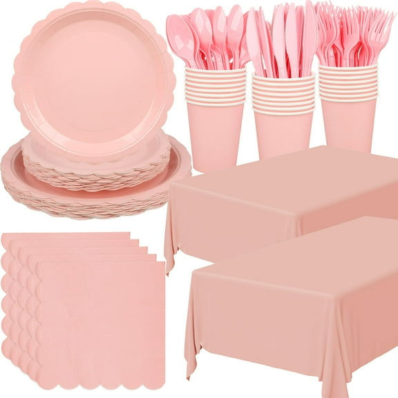177 Pcs Light Pink Party Supplies AFN1Light Pink Party Tableware Set Scalloped Paper Plates Napkins Cups Disposable Tablecloths for Wedding Birthday Baby Shower Decor