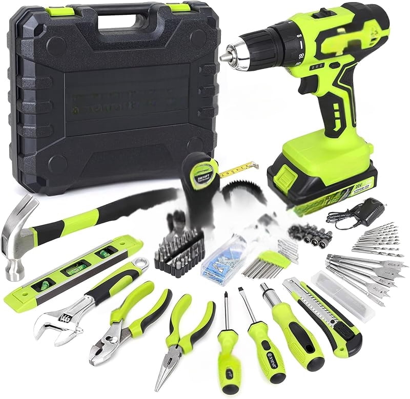 177-Piece 20V Cordless Lithium-ion Drill Driver and Home Tool Set, Household Repairing Kit with in Storage Case, Green