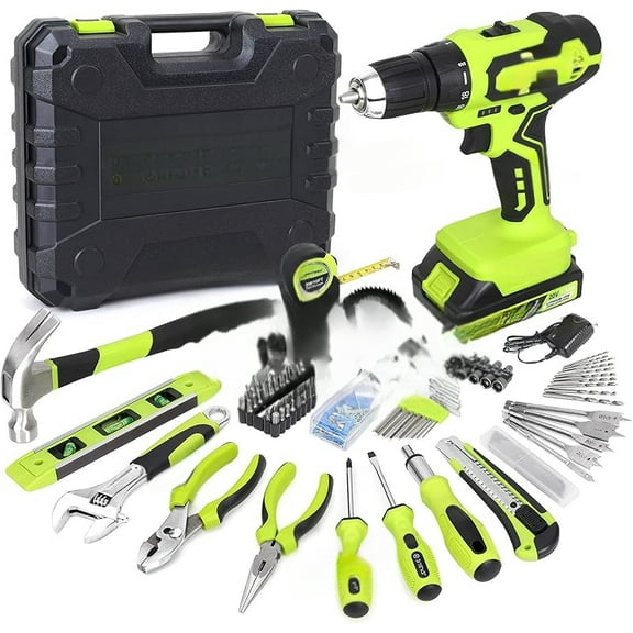 177-Piece 20V Cordless Lithium-ion Drill Driver and Home Tool Set, Household Repairing Kit with in Storage Case, Green