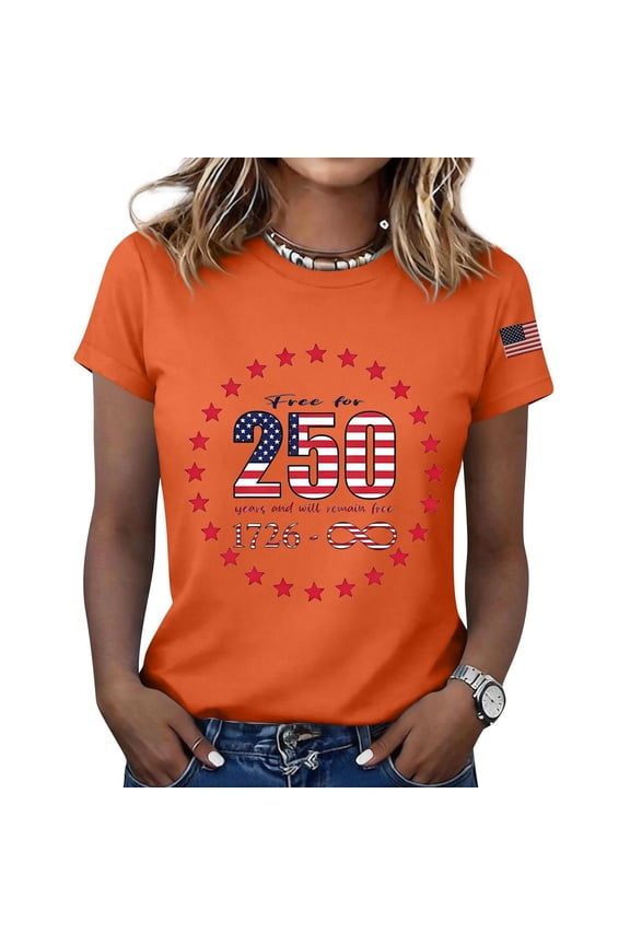 1776 2026 250th Anniversary Shirt Women 4th Of July Patriotic Printed Short Sleeve Crew Neck Flowy Tops Vintage Relaxed Fit Comfy Casual Summer Tees,XL,#01 Orange