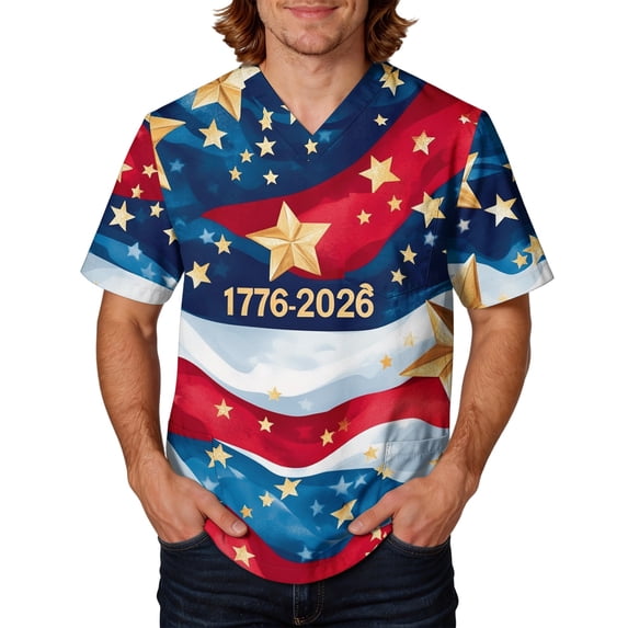 1776-2026 250th Anniversary USA Scrub Tops for Men V-Neck with 3 Pockets, Knit Details, Soft, Durable, Breathable, 2-Way Stretch Fabric 01-Pink 3XL