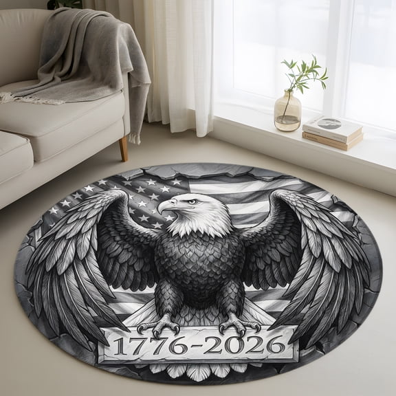 1776-2026 3.3' Round Rug for Bedroom Reading Corner, Bald Eagle Patriotic Americana Flag Black White Washable Non Slip Circle Area Rug