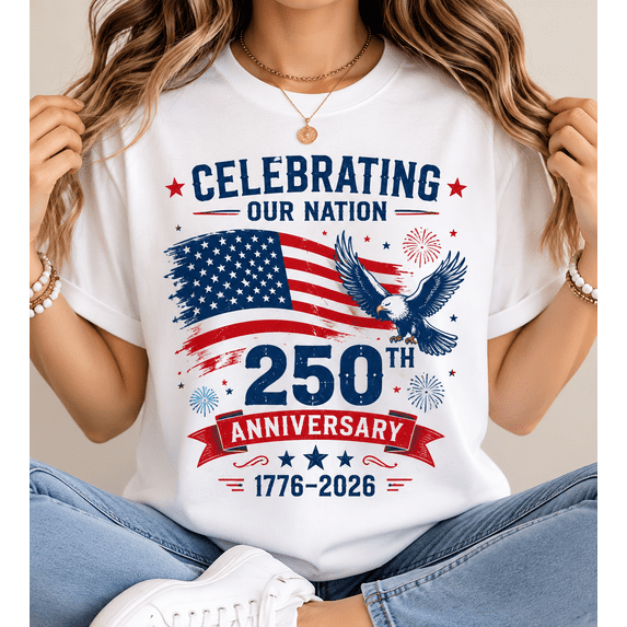 1776-2026 America 250th Anniversary Short Sleeve Tee, Fourth of July Eagle Flag Fireworks Patriotic Cotton T-Shirt