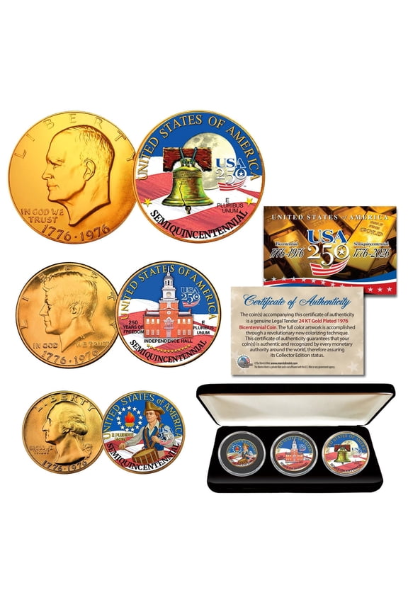 17762026 America's 250th Anniversary 24K GOLD 3-Coin Bicentennial Set with Box