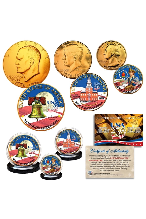 17762026 America's 250th Anniversary Anniversary 24K GOLD 3-Coin Set JFK IKE QTR Bicentennial