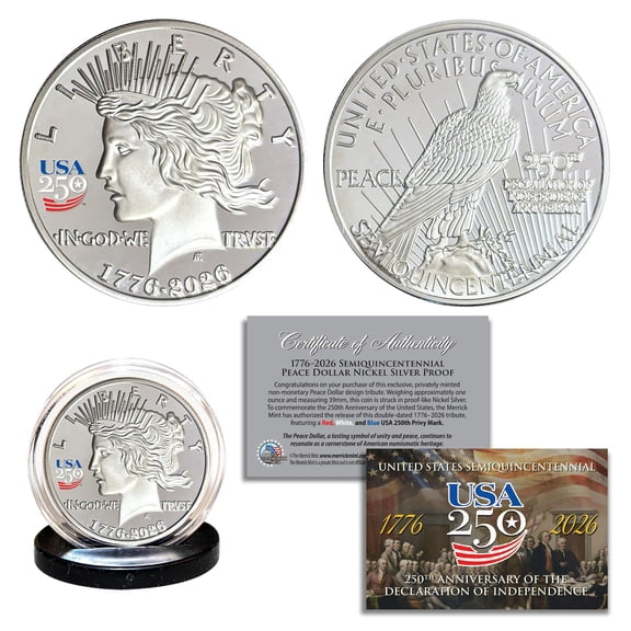 1776-2026 America's 250th Anniversary Privy PEACE DOLLAR Nickel-Silver Proof Tribute 1 oz Coin