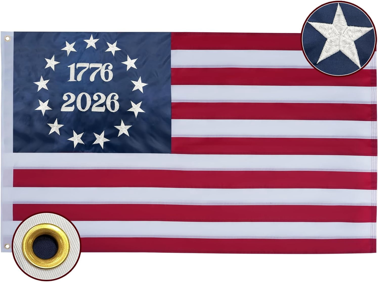 1776-2026 Betsy Ross Flag 3x5 Feet American Flags for 250th Anniversary Heavy Duty Outdoor Embroidered 13 Star Colonies Banner for Outside