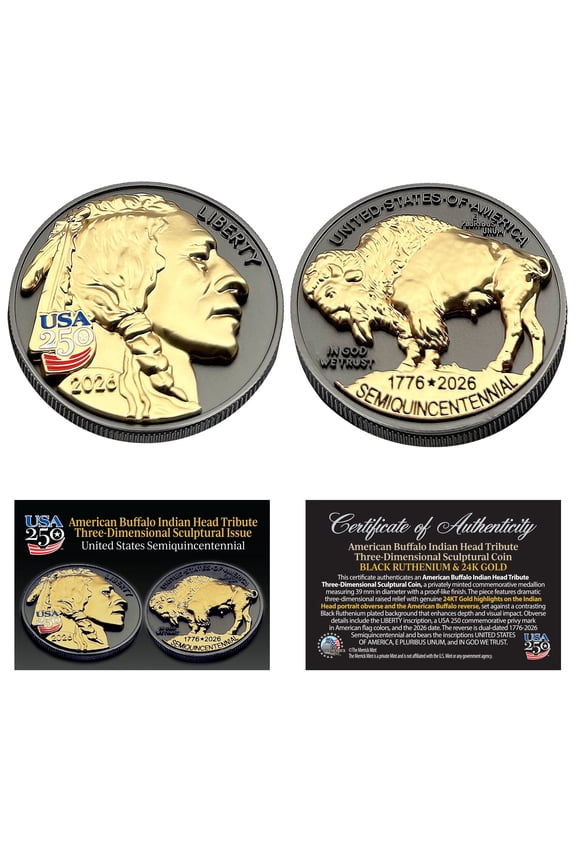 1776-2026 Black Ruthenium & 24K Gold 3-Dimensional American Buffalo Tribute Coin, America's 250th Anniversary