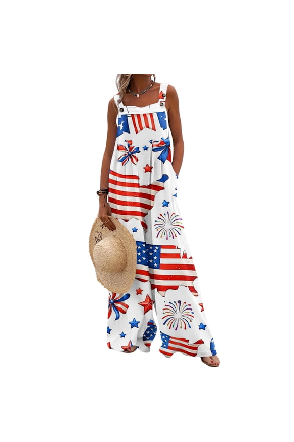 1776-2026 Independence Day Jumpsuits for Women Casual Sleeveless Loose Patriotic Overalls 250 Anniversary USA Flag Wide Leg Romper with Pockets M