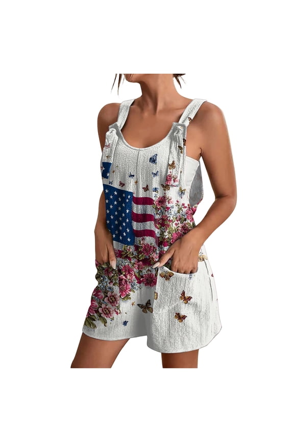 1776-2026 Jumpsuits Women American Flag Casual Sleeveless Rompers Red White and Blue Usa Flag Classic Vintage OverallsS
