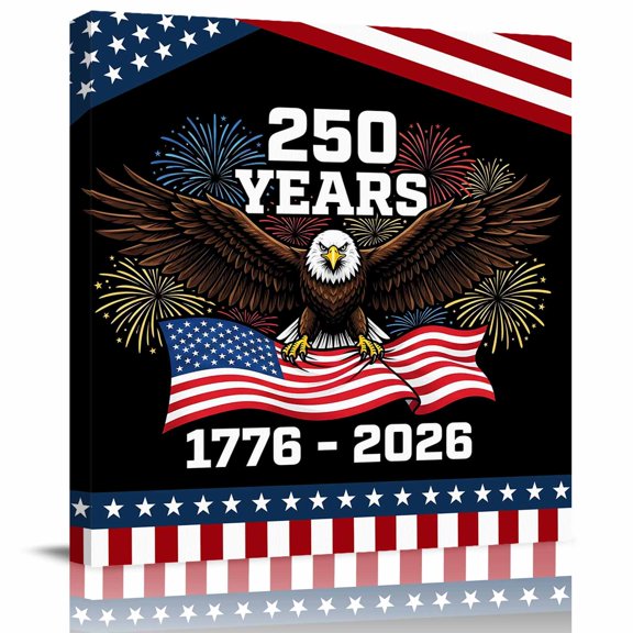 1776-2026 Patriotic Eagle Canvas Artwork Painting Art, Fireworks USA Background Square Framed Wall Decorations Prints Picture for Bedroom Kitchen Living Room, 8x8 in