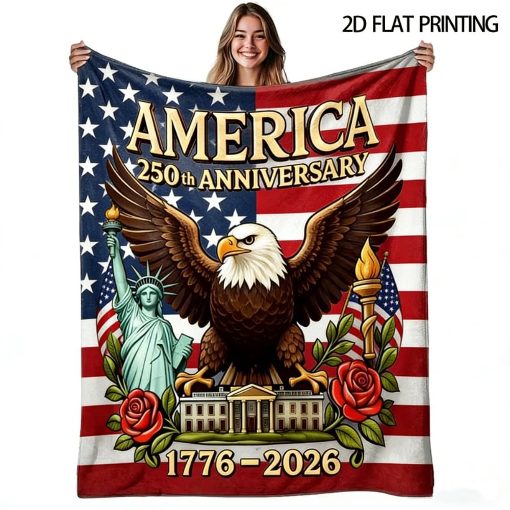 1776-2026 Patriotic Flannel Throw Blanket, America 250th Anniversary Eagle & Landmark Print for Gifting