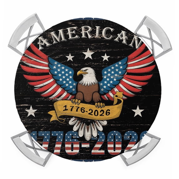 1776-2026 Round Table Cover, July 4th American Bald Eagle Stars and Stripes Waterproof Fitted Tablecloths for 36"-44" Tables, Washable Picnic Table Cover for Camping Dining Indoor Outdoor