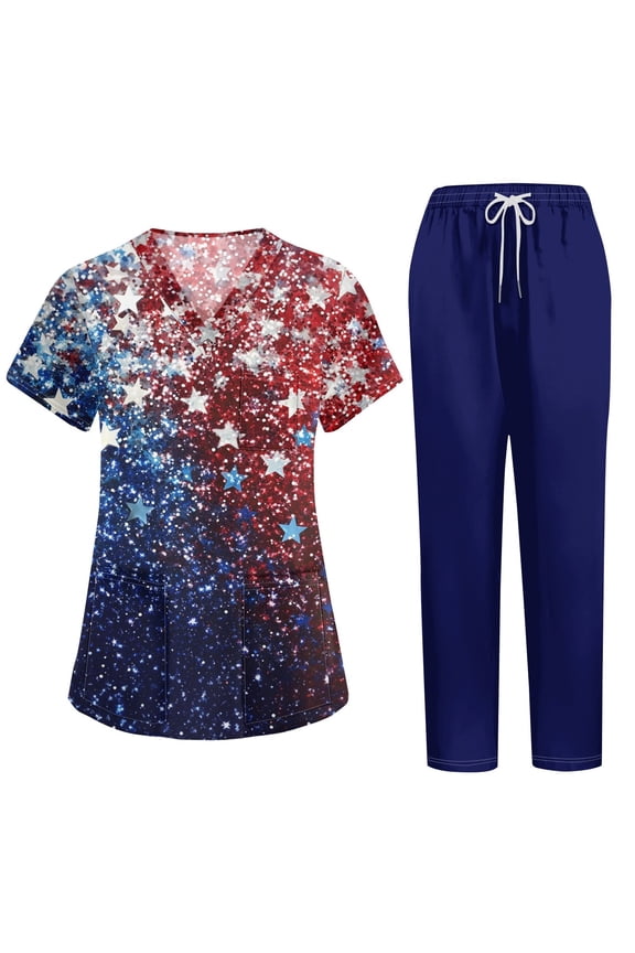 1776-2026 Scrubs for Women Set 250th Anniversary USA Medical Uniform - 4th of July V-Neck Top & Straight Leg Pants with Pockets, Nurse Workwear 03-Dark Blue XXL