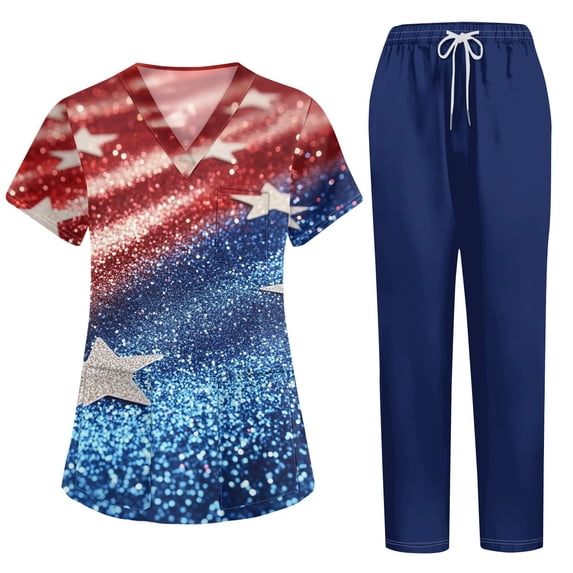 1776-2026 Scrubs for Women Set 250th Anniversary USA Medical Uniform - 4th of July V-Neck Top & Straight Leg Pants with Pockets, Nurse Workwear 03-Light Blue L