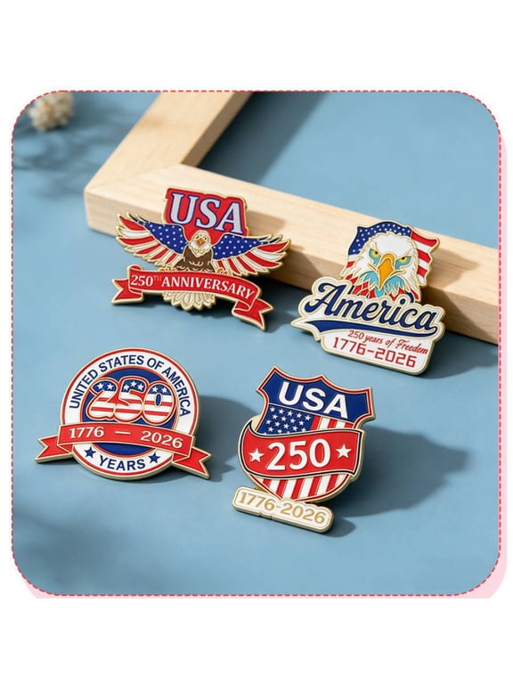 1776-2026 USA 250th Anniversary Enamel Lapel Pin Set (4 Designs) - Bald Eagle American Flag Patriotic Souvenir Gift for Men Women