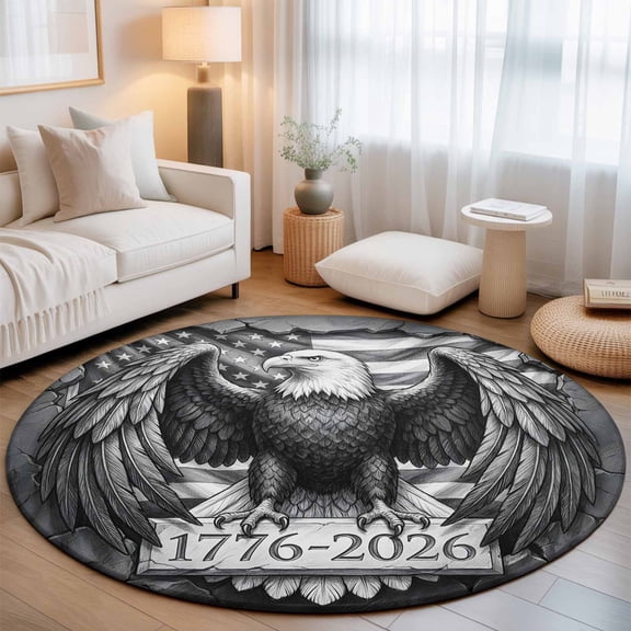 1776-2026 Washable Round Area Rug 3 ft, Bald Eagle Patriotic Americana Flag Black White Soft Non Slip Rugs Stain Repellent Indoor Felt Carpet for Living Dining Room Bedroom Home Office