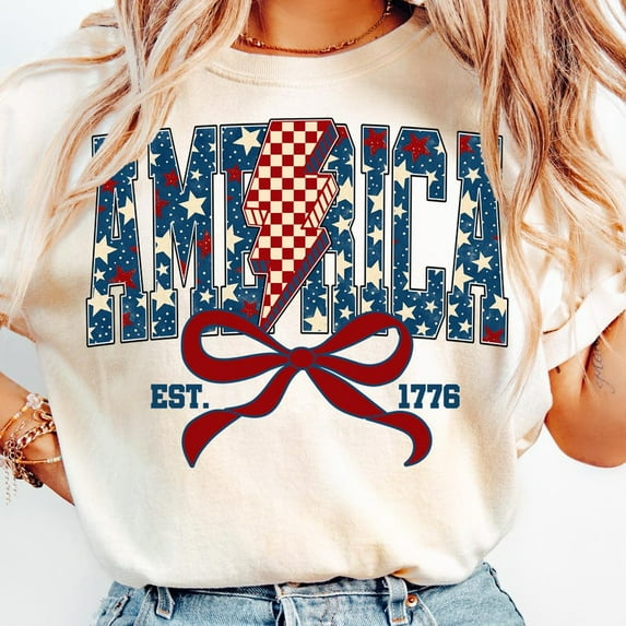 1776 America T-Shirt, 4th of July Coquette Bow Shirt, Land of the Free Shirt, USA Flag Independence Day Shirt