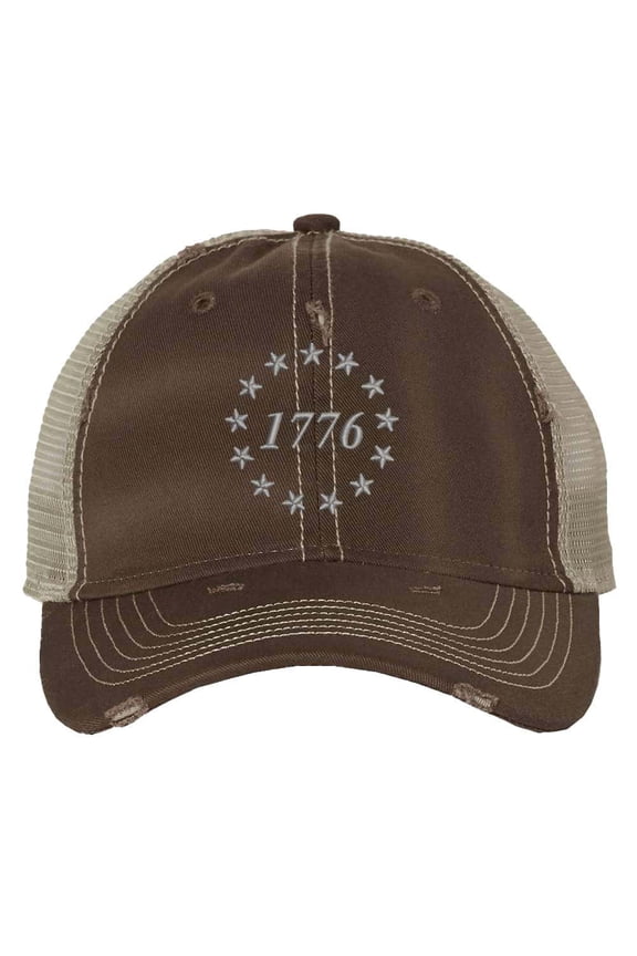 1776 Declaration Trucker Hat Distressed Patriotic Embroidered 13 Colonies Cap (Brown)