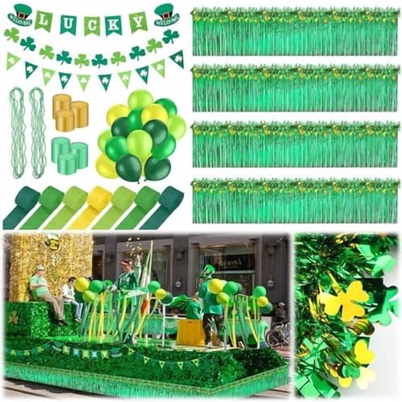 178 Pcs St. Patrick's Day Parade Float Decorations for Trailer St. Patrick's Day Decorations Party Supplies Foil Fringe Curtains Tinsel Garland Paper Streamers Lucky Shamrock Banners Balloons