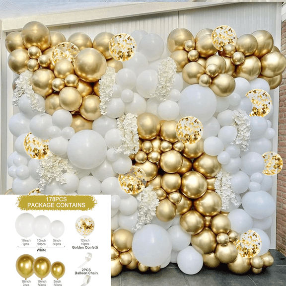 178 Pcs White and Gold Balloon Garland Kit, with Confetti Balloons, Arch Kit, Party Decorations for Birthday, Wedding, Anniversary, Graduation, Showers