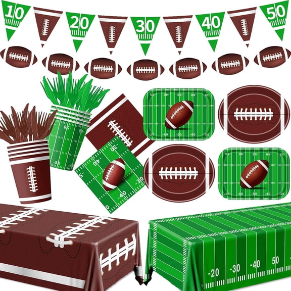 178-Piece Football Party Tableware Kit - Disposable Set Includes Plates, Napkins, Cups, Forks, Knives, Tablecloth & Banner for 25 Guests - Tailgate, Birthday, Super Bowl Party Decorations