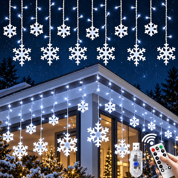 17FT Christmas Curtain Lights, 144 LED Snowflake Icicle Lights with Remote Control & Timer, USB Powered Holiday String Lights IP44 Waterproof for Outdoor Indoor Window Roof Porch Christmas Decor