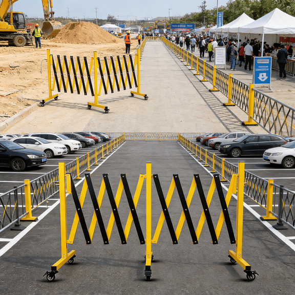 17FT Metal Expandable Barricade Retractable Security Gate with 4 Locking Casters Portable Traffic Control Barrier for Construction Site Parking Lot Driveway Crowd Safety Event Perimeter Fence Heavy