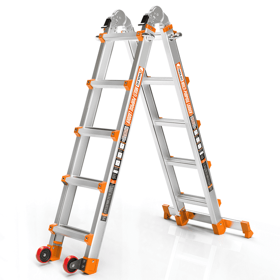 17FT Telescoping A-Frame Ladder with Wheels & Stabilizer Bar, 330lb Capacity Multi-Position Folding Ladder for Stairs, Roof, Home & Outdoor Use