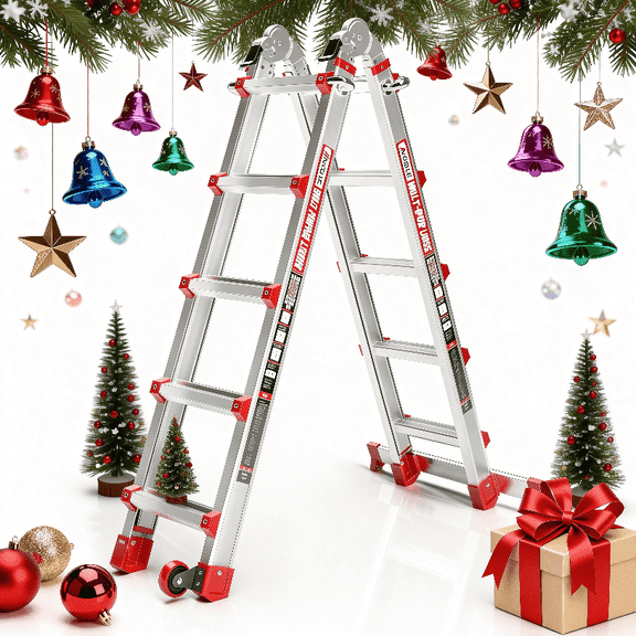 17FT Telescoping A-Frame Ladder with Wheels & Stabilizer Bar, 330lb Capacity Multi-Position Folding Ladder for Stairs, Roof, Home & Outdoor Use