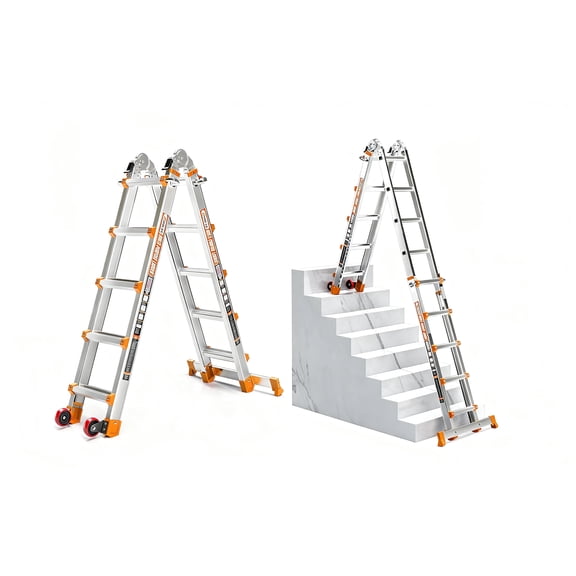 17FT Telescoping A-Frame Ladder with Wheels & Stabilizer Bar. 330lb Heavy Duty, Multi-Position Folding Ladder for Stairs, Roof, Home & Outdoor.