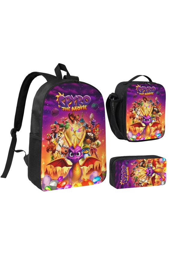 17IN Spy-r-0 Purple Dragon Backpack 3Pcs An-ime Cartoon Backpack Set Cute Bookbag with Lunch Box and Pencil Case