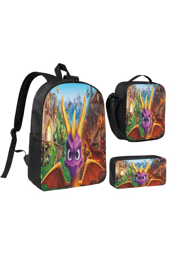 17IN Spy-r-0 Purple Dragon Backpack 3Pcs An-ime Cartoon Backpack Set Cute Bookbag with Lunch Box and Pencil Case