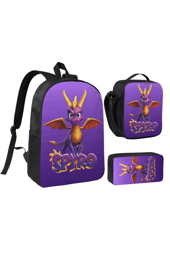 17IN Spy-r-0 Purple Dragon Backpack 3Pcs An-ime Cartoon Backpack Set Cute Bookbag with Lunch Box and Pencil Case