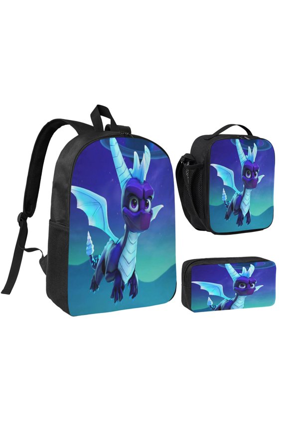 17IN Spy-r-0 Purple Dragon Backpack 3Pcs An-ime Cartoon Backpack Set Cute Bookbag with Lunch Box and Pencil Case