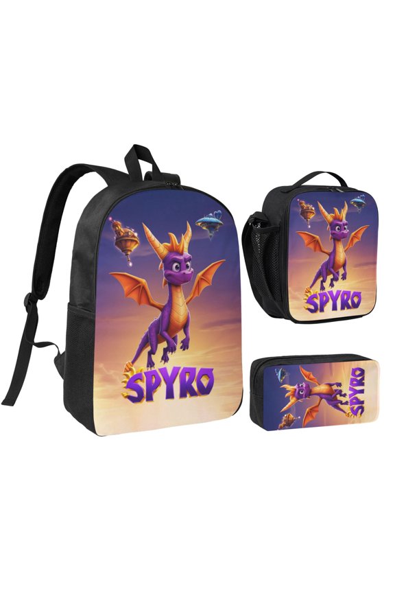 17IN Spy-r-0 Purple Dragon Backpack 3Pcs An-ime Cartoon Backpack Set Cute Bookbag with Lunch Box and Pencil Case