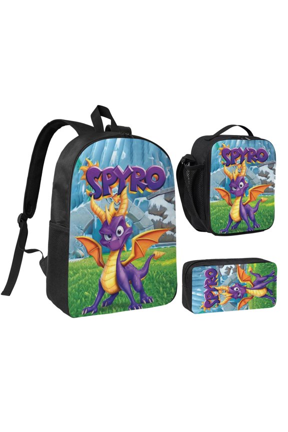 17IN Spy-r-0 Purple Dragon Backpack 3Pcs An-ime Cartoon Backpack Set Cute Bookbag with Lunch Box and Pencil Case